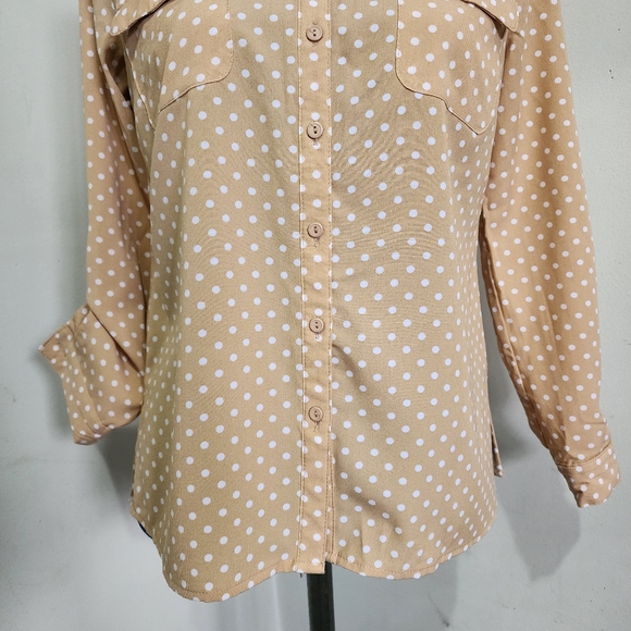 Notations Tan White Polka Dot Button Shirt Blouse - Picture 3 of 7